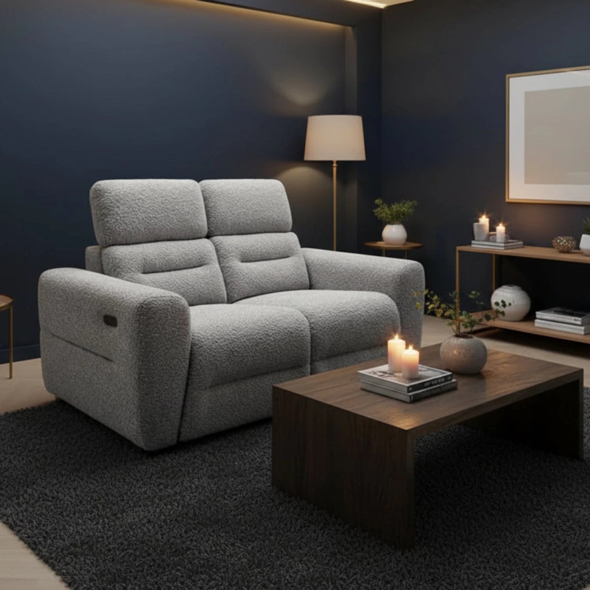 Tokira Elite grey electric recliner 2 seater sofa with modern design.