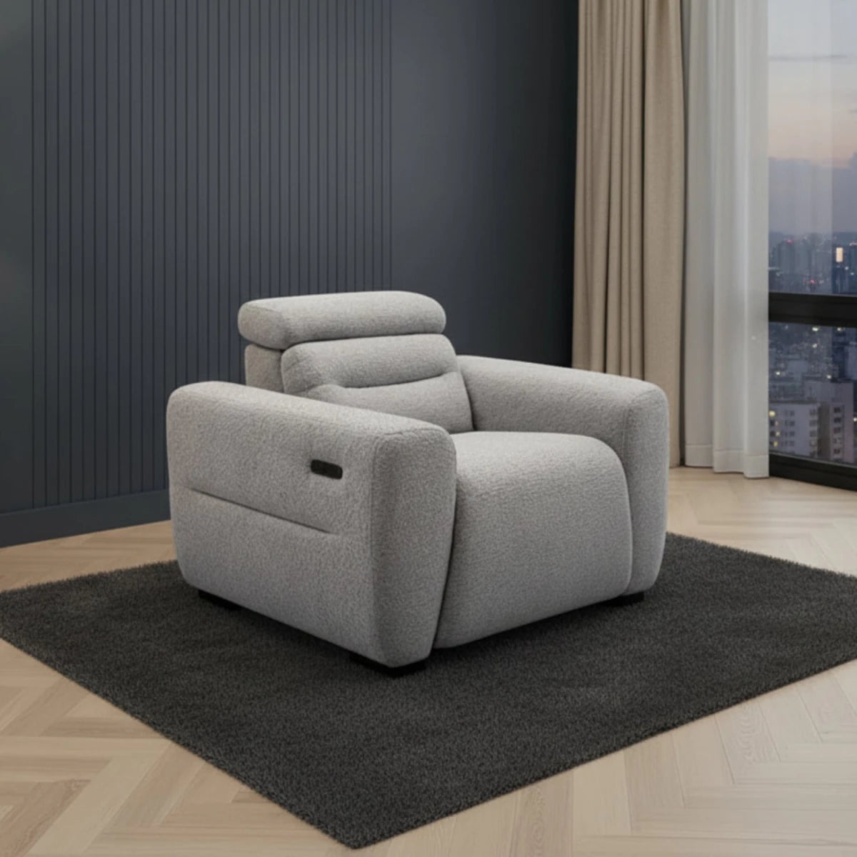 Stylish grey boucle recliner chair for contemporary living spaces.