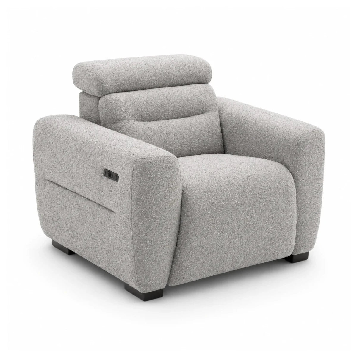 Tokira Elite grey electric recliner armchair with boucle fabric, USB & USB-C ports,headrests & modern compact luxury design.

