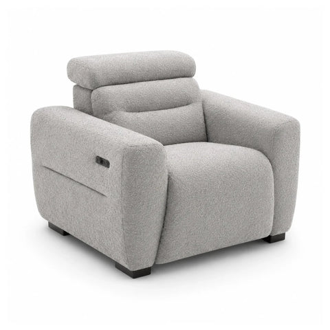 Tokira Elite grey electric recliner armchair with boucle fabric, USB & USB-C ports,headrests & modern compact luxury design.

