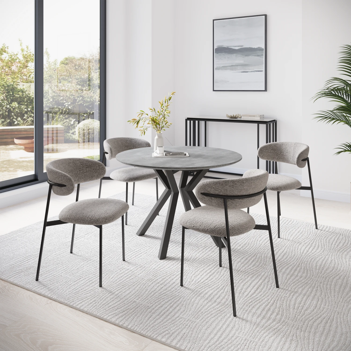 Toronto 110cm Grey Ceramic Round Dining Table with Grey Fabric Dining Chairs - Pendle Village Furniture