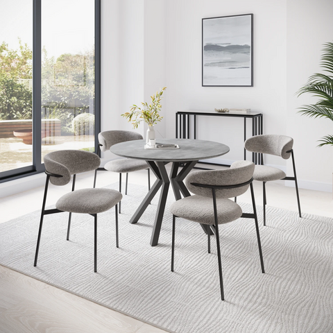 Toronto 110cm Grey Ceramic Round Dining Table with Grey Fabric Dining Chairs - Pendle Village Furniture