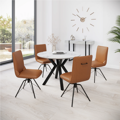 Toronto 110cm White Marble Look Round Dining Table with Tan Leather Dining Chairs - Pendle Village Furniture