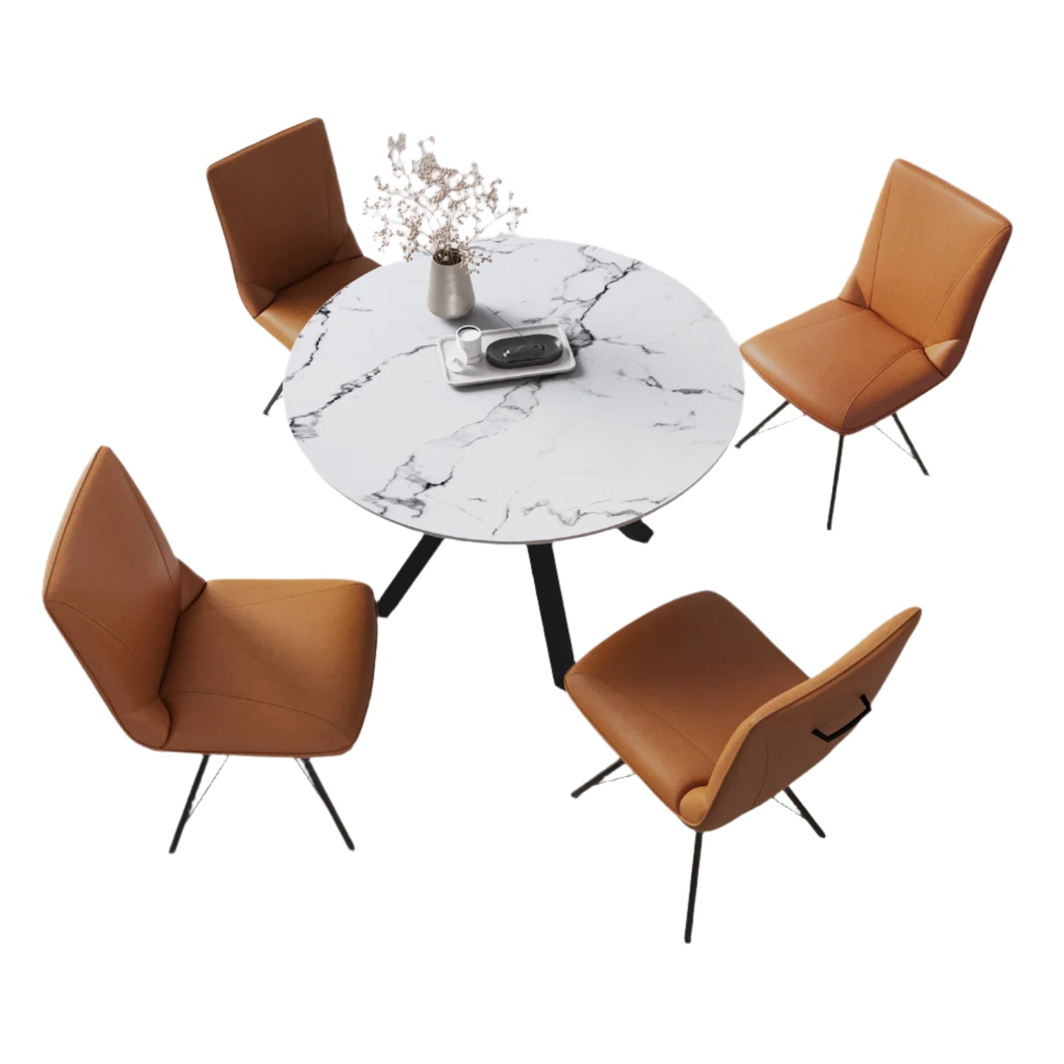 Toronto 110cm White Marble Look Round Dining Table with Tan Leather Dining Chairs - Pendle Village Furniture