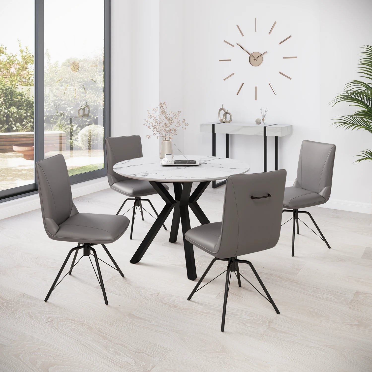 Toronto 110cm White Marble Look Round Dining Table with Grey Leather Dining Chairs - Pendle Village Furniture