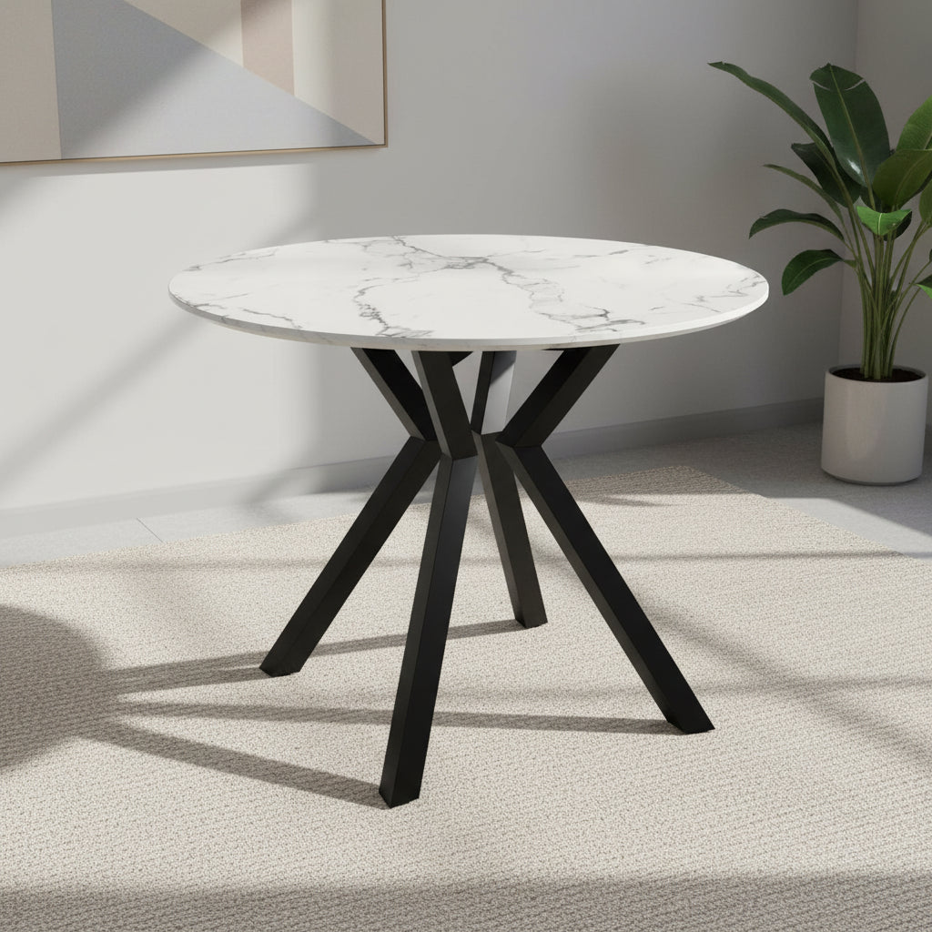 Toronto 110cm White Marble Look Round Dining Table with Tan Leather Dining Chairs - Pendle Village Furniture
