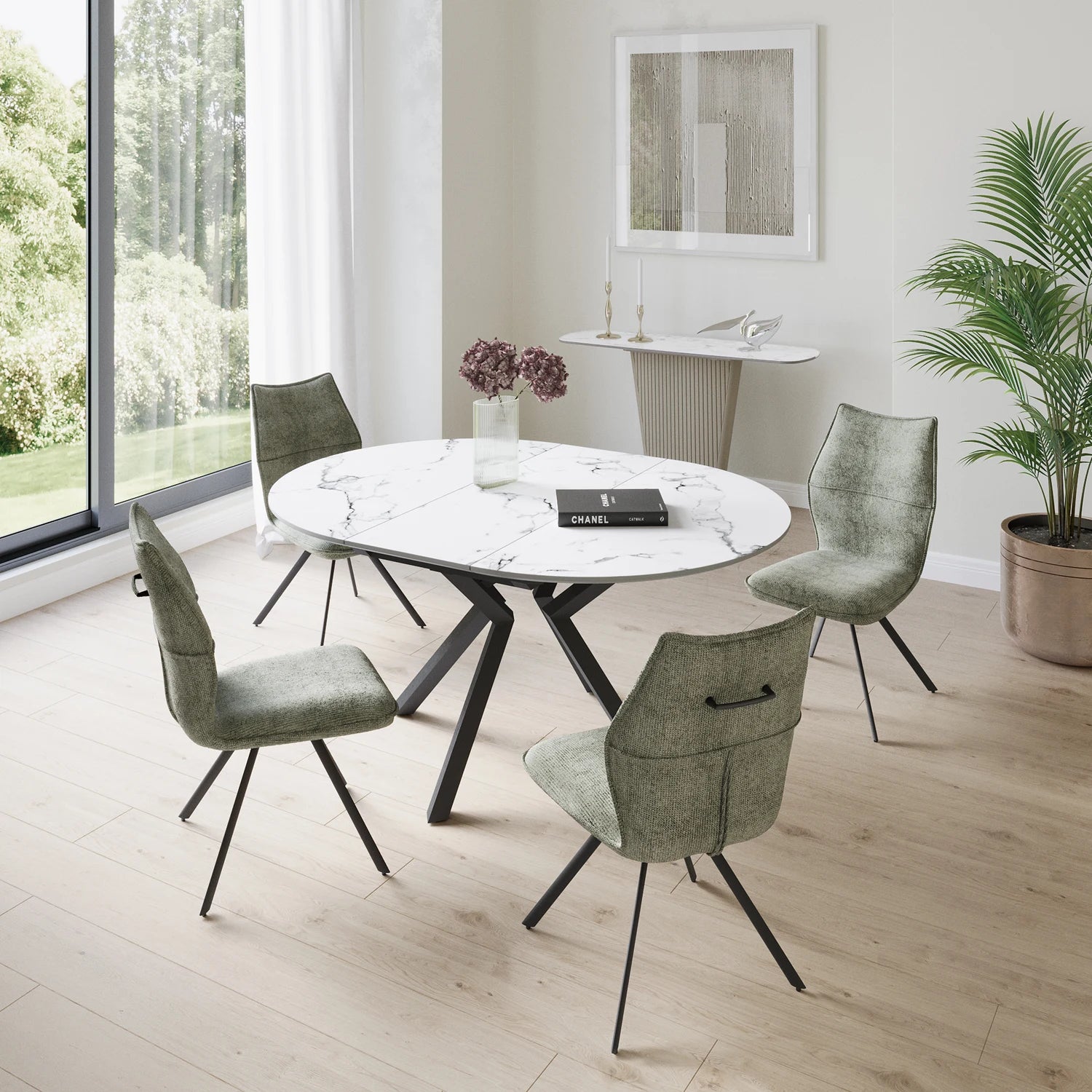 Toronto 120 - 160cm White Marble Duro Top Extending Dining Table with Green Dining Chairs - Pendle Village Furniture
