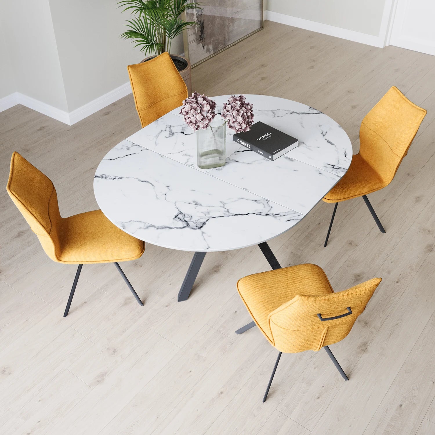 Toronto 120 - 160cm White Marble Duro Top Extending Dining Table with Green Dining Chairs - Pendle Village Furniture