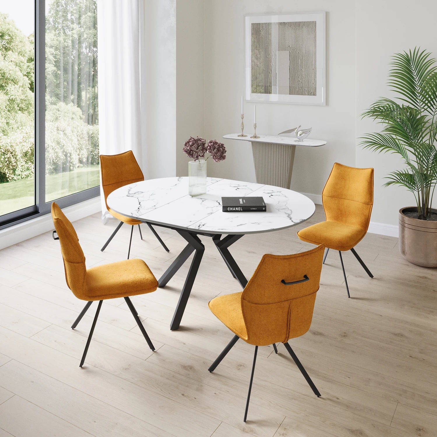 Toronto 120 - 160cm White Marble Duro Top Extending Dining Table with Green Dining Chairs - Pendle Village Furniture