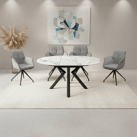 Toronto 120 - 160cm White Marble Duro Top Extending Dining Table with Grey Dining Armchairs - Pendle Village Furniture