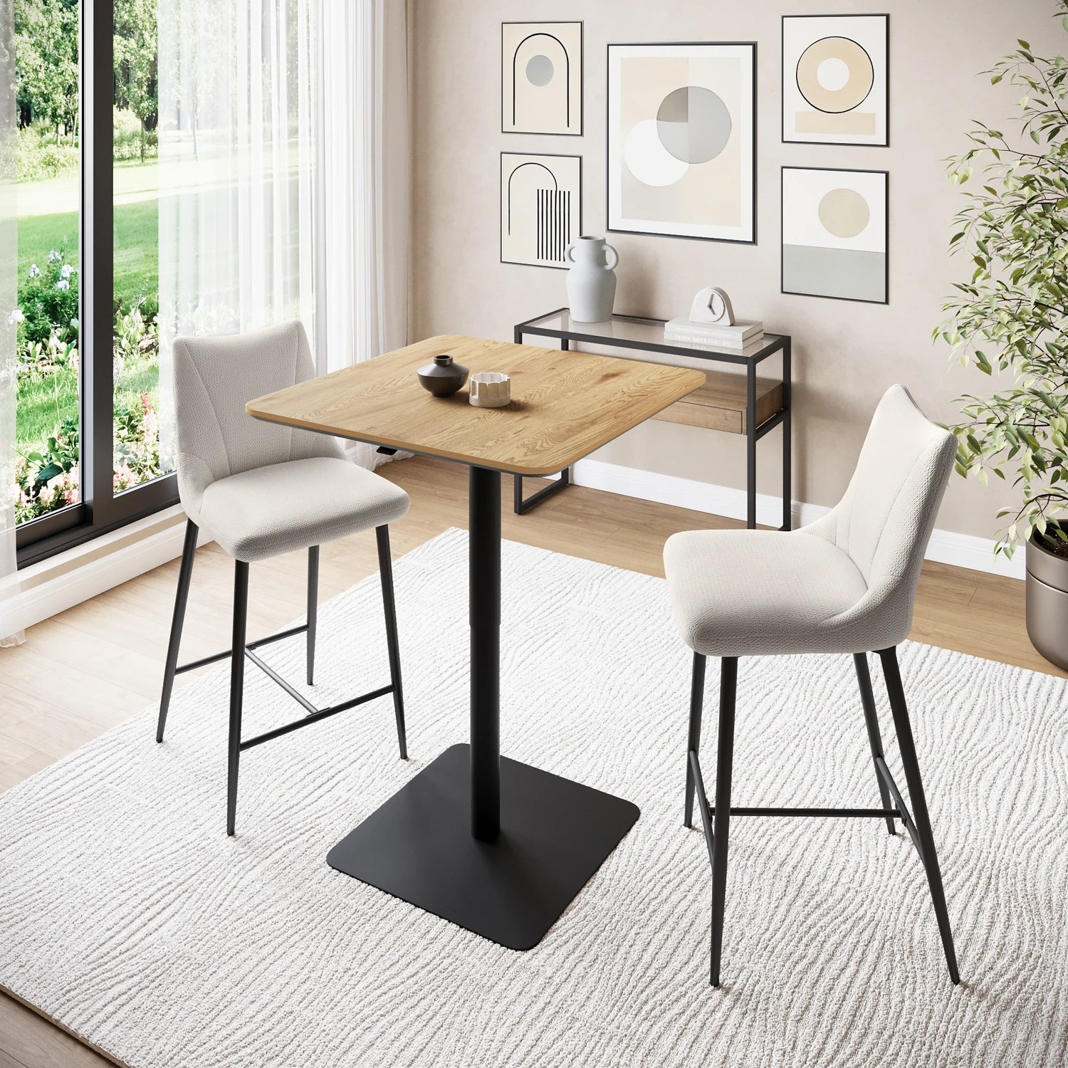 Toronto Wood Effect Bistro Bar Table with Ivory Fabric Bar Stools - Pendle Village Furniture