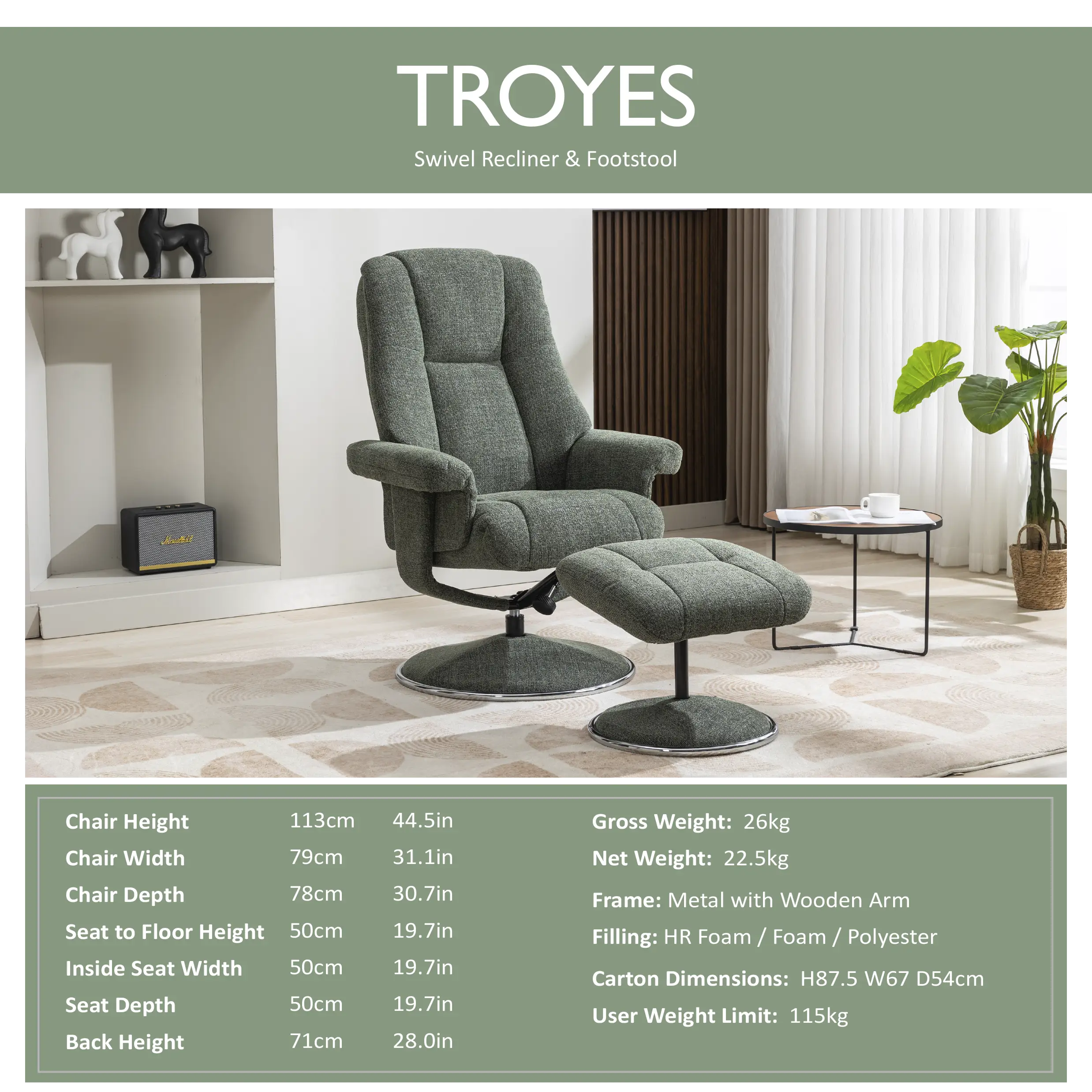 Troyes Leather Look High-Back 360 Swivel Chair and Footstool