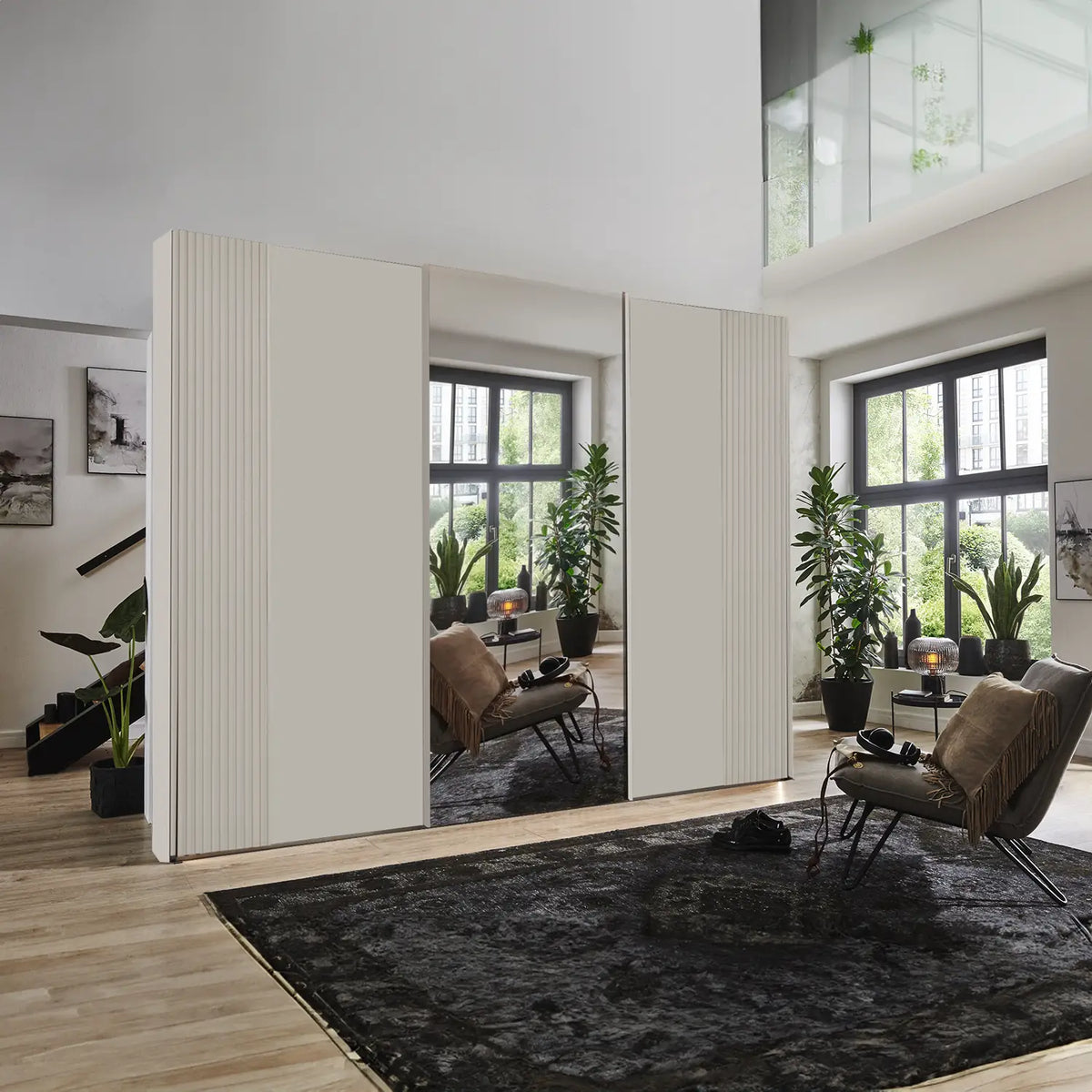 Tulsa 3 Door Champagne Decking and Mirror Sliding Door Wardrobe - Pendle Village Furniture