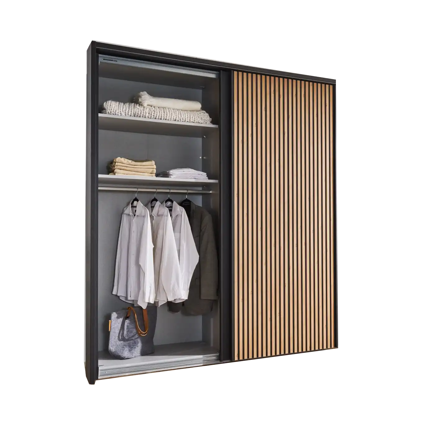 Tulsa 2 Door Black Sliding Door Wardrobe showcased in graphite colour with a slated structure door. Modern design with free delivery and assembly by Wiemann. - Interior Details
