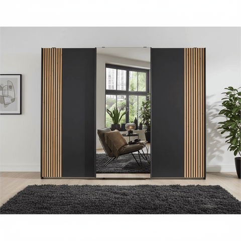 Tulsa 3 Door Graphite Sliding Door Wardrobe with Oak Decking and Mirror