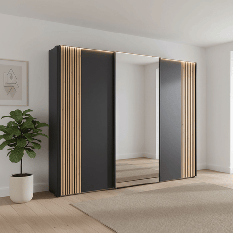 Tulsa 3 Door Graphite Sliding Door Wardrobe with Oak Decking and Mirror