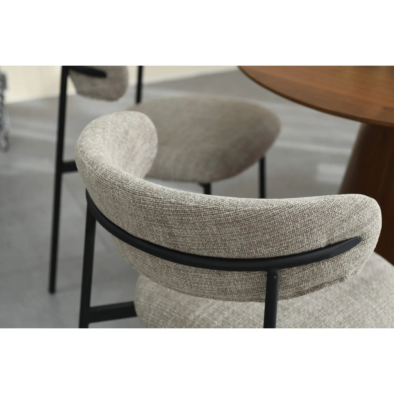Walnut effect Round Dining Table and 4 Tweed oatmeal Dining Chairs - Pendle Village Furniture