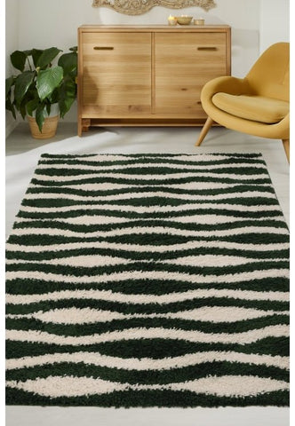 Twist Pulse green rug with bold pattern and shaggy texture.