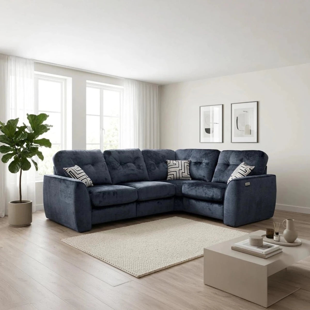 Tyler Ethan 2 corner 1 fabric sofa with reclining seats and chenille upholstery.