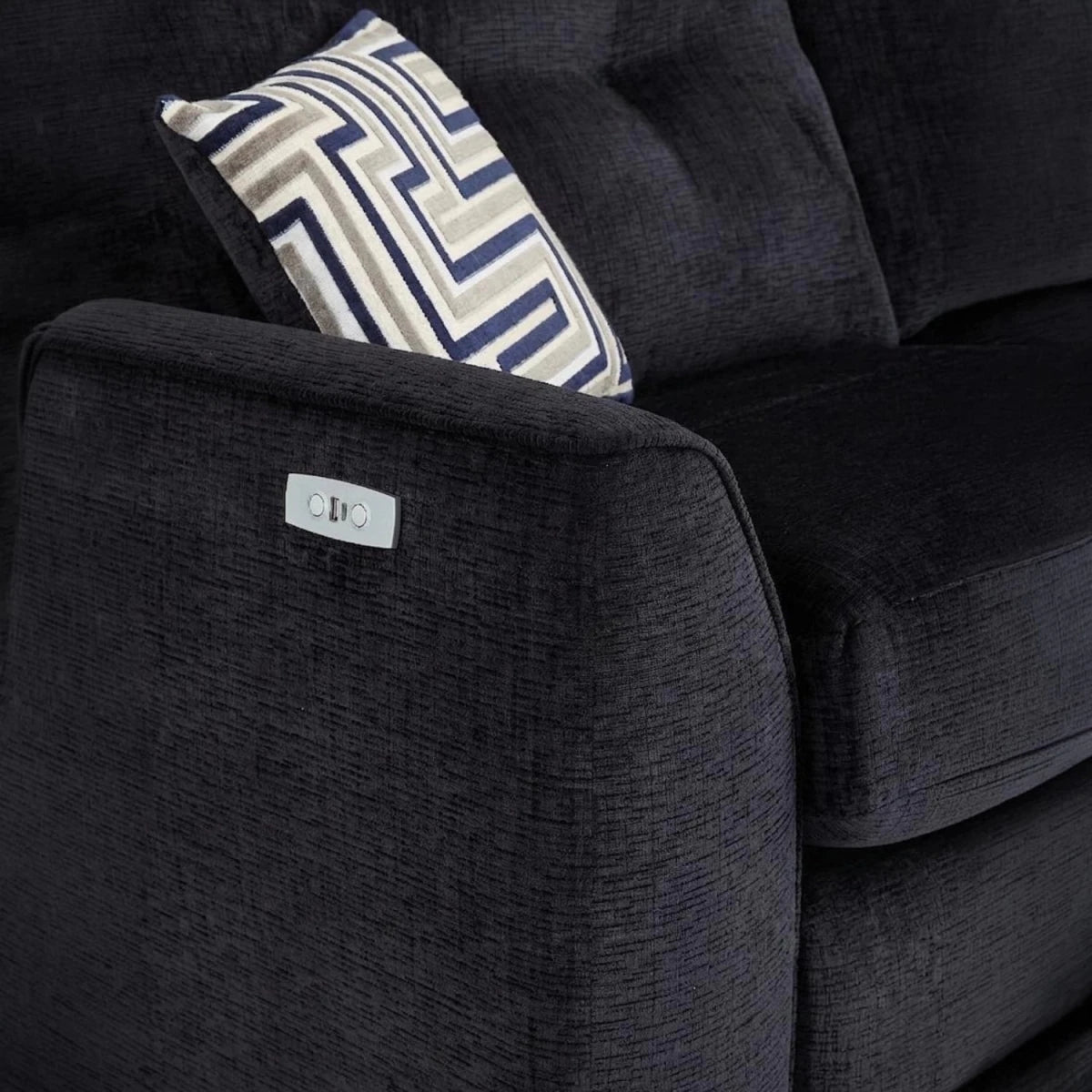 Modern reclining corner sofa with deep seating, USB port, and soft chenille upholstery.