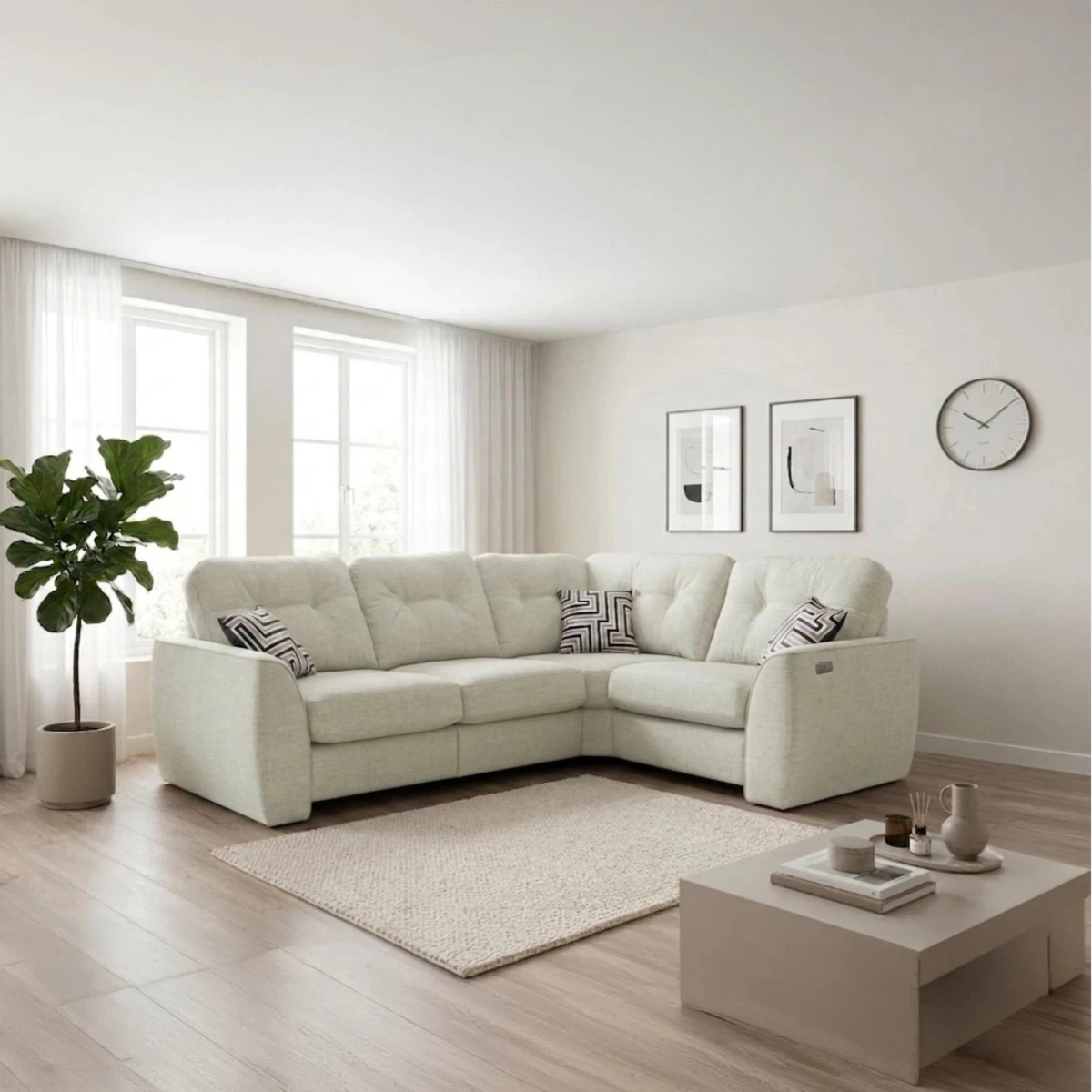 Tyler Ethan 2 corner 1 sofa with electric recliners, USB charging, and chenille upholstery.