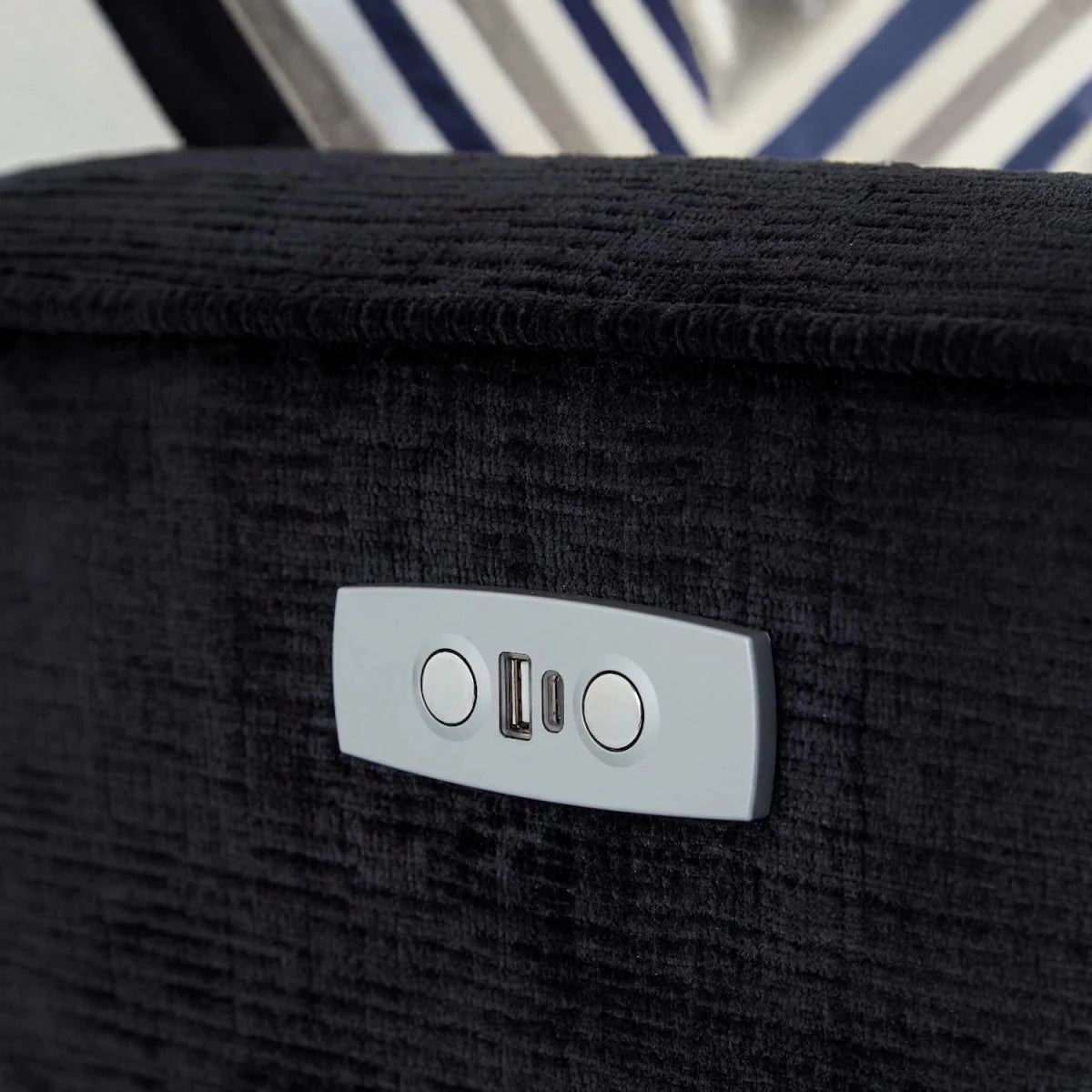 Tyler Ethan reclining sofa showing control panel, USB port, and premium fabric.