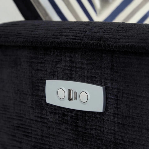 Tyler Ethan reclining sofa showing control panel, USB port, and premium fabric.