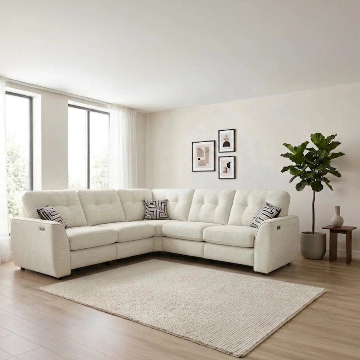 Tyler Ethan sofa close-up showing chenille upholstery, stitching detail, and reclining control features.