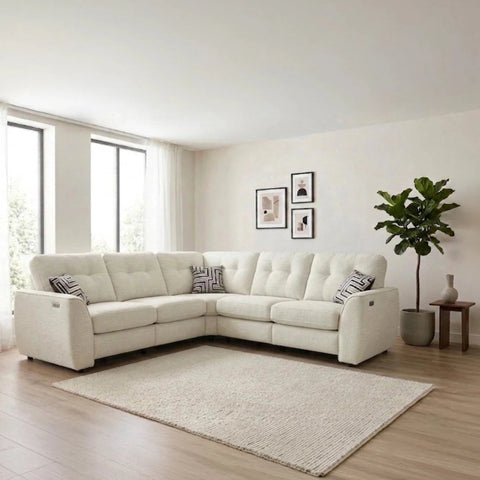 Tyler Ethan sofa close-up showing chenille upholstery, stitching detail, and reclining control features.