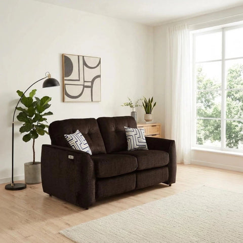 Tyler Ethan reclining 2 seater sofa with USB port, electric footrests, and chenille fabric.