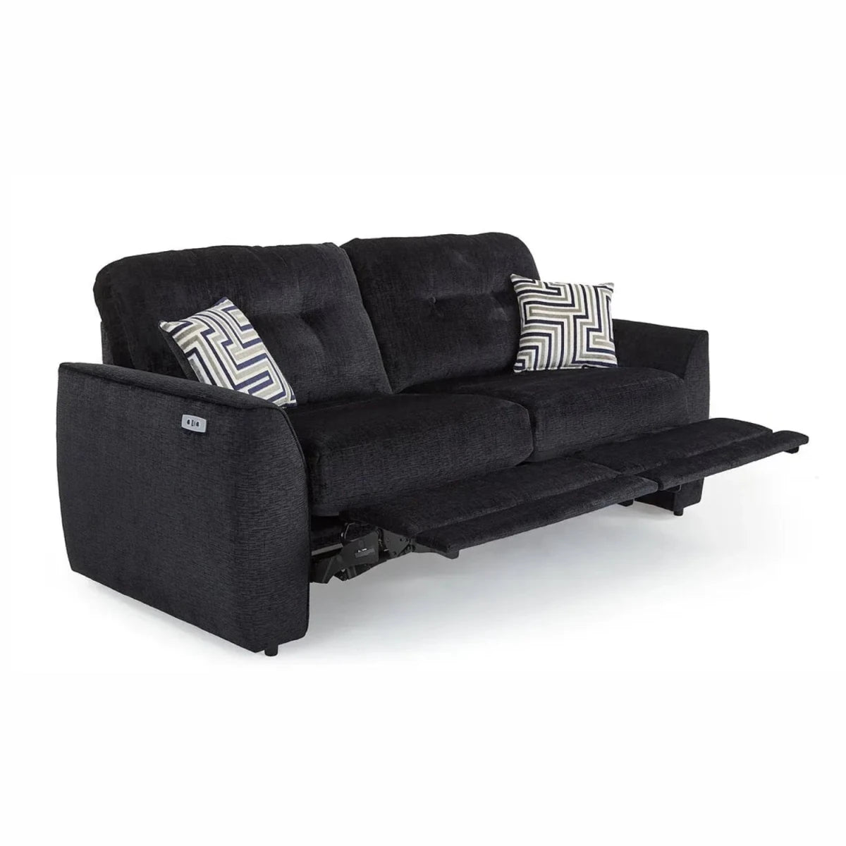 Modern 2 seater reclining sofa with deep seating, USB port, and soft chenille upholstery.