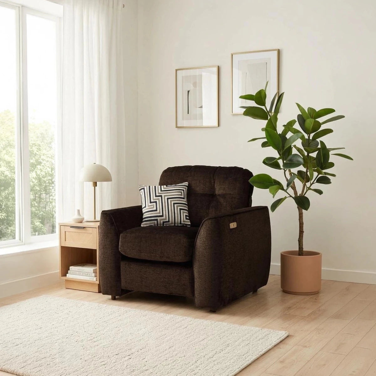 Tyler Ethan fabric chair with reclining seat and chenille upholstery.