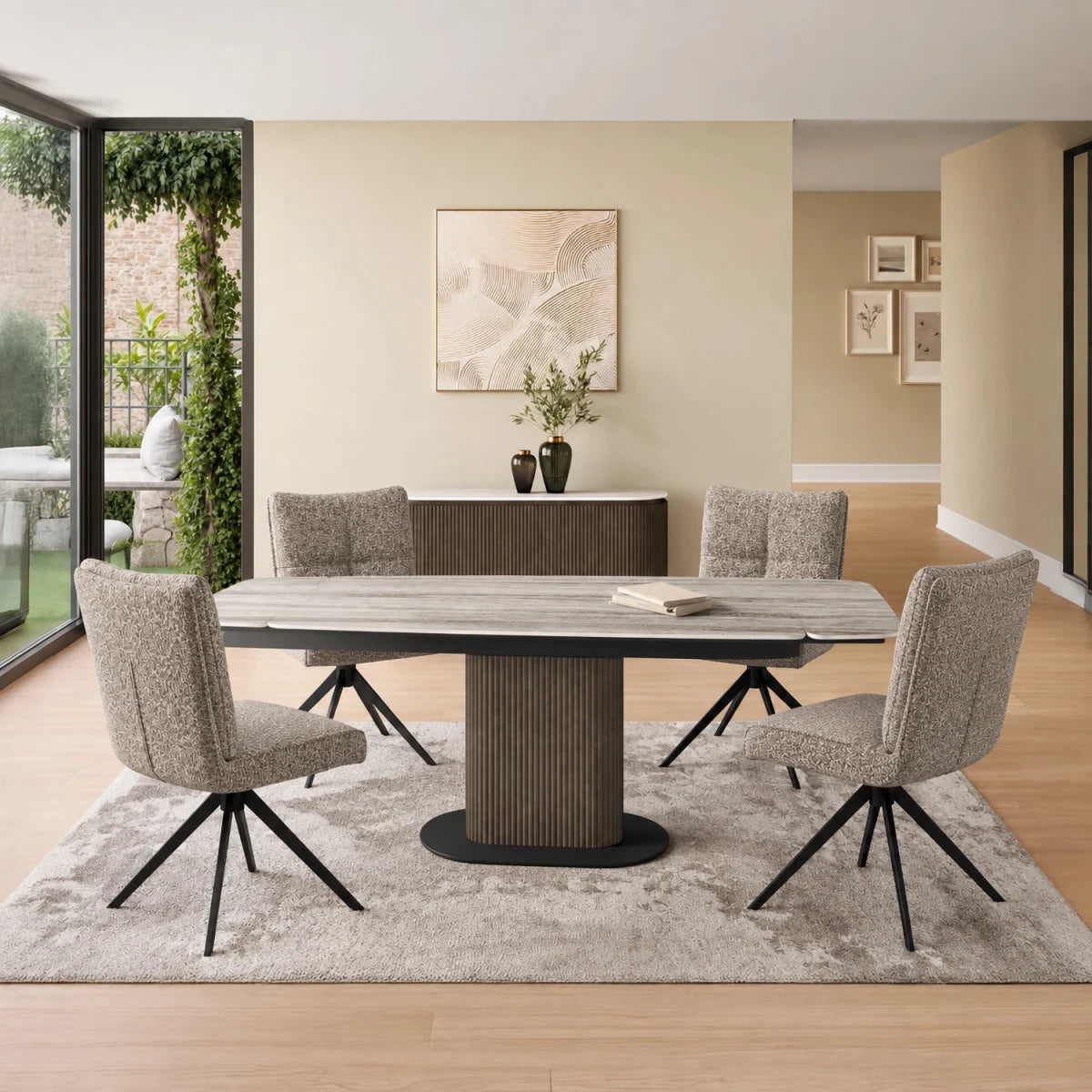 Umbria Travertine Ceramic Dining Table with Swivel Armless Chairs
