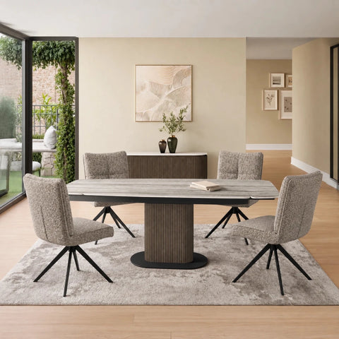 Umbria Travertine Ceramic Dining Table with Swivel Armless Chairs