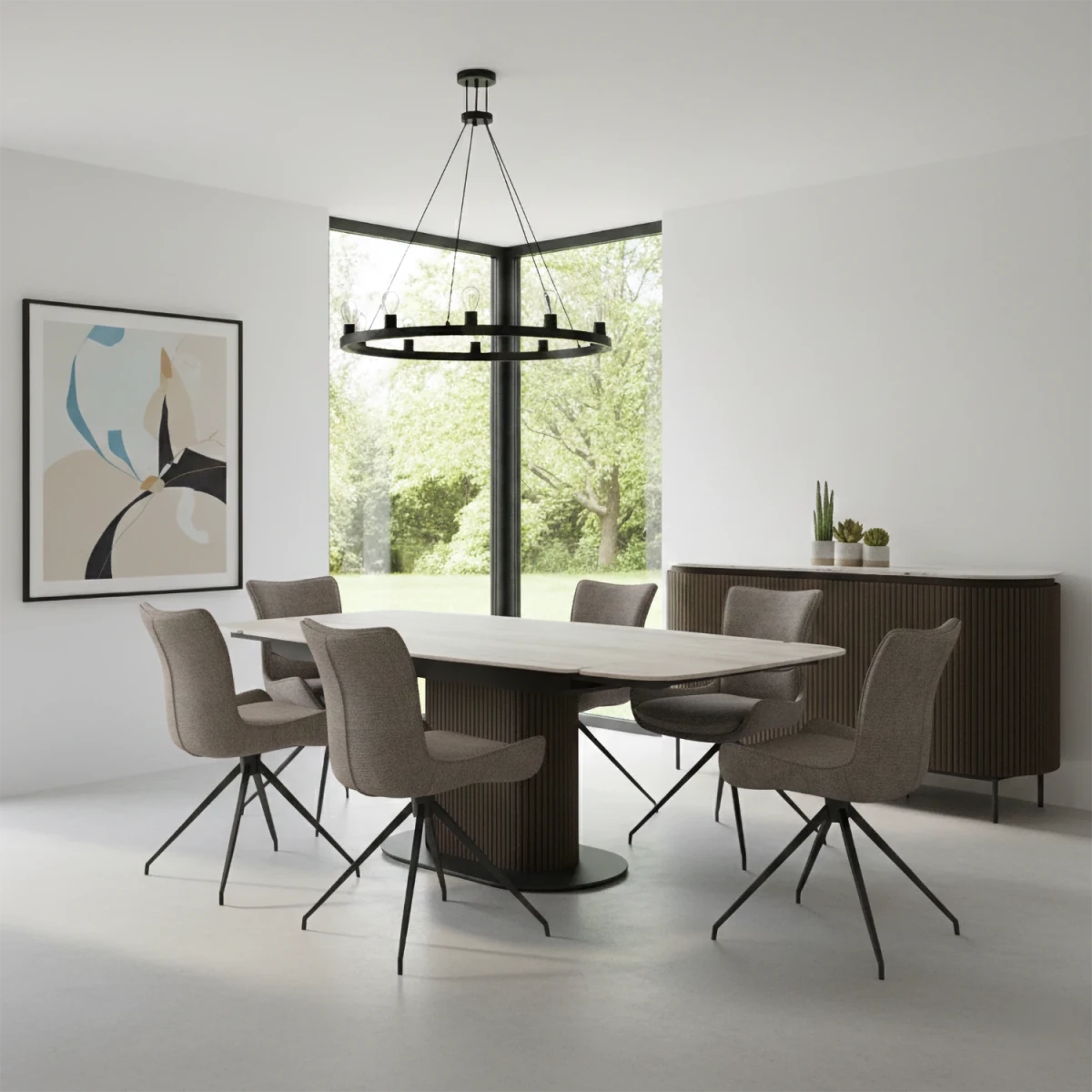 A modern dining room set featuring a rectangular Umbria Extending Dining Table with Amber Mink Swivel Dining Chairs