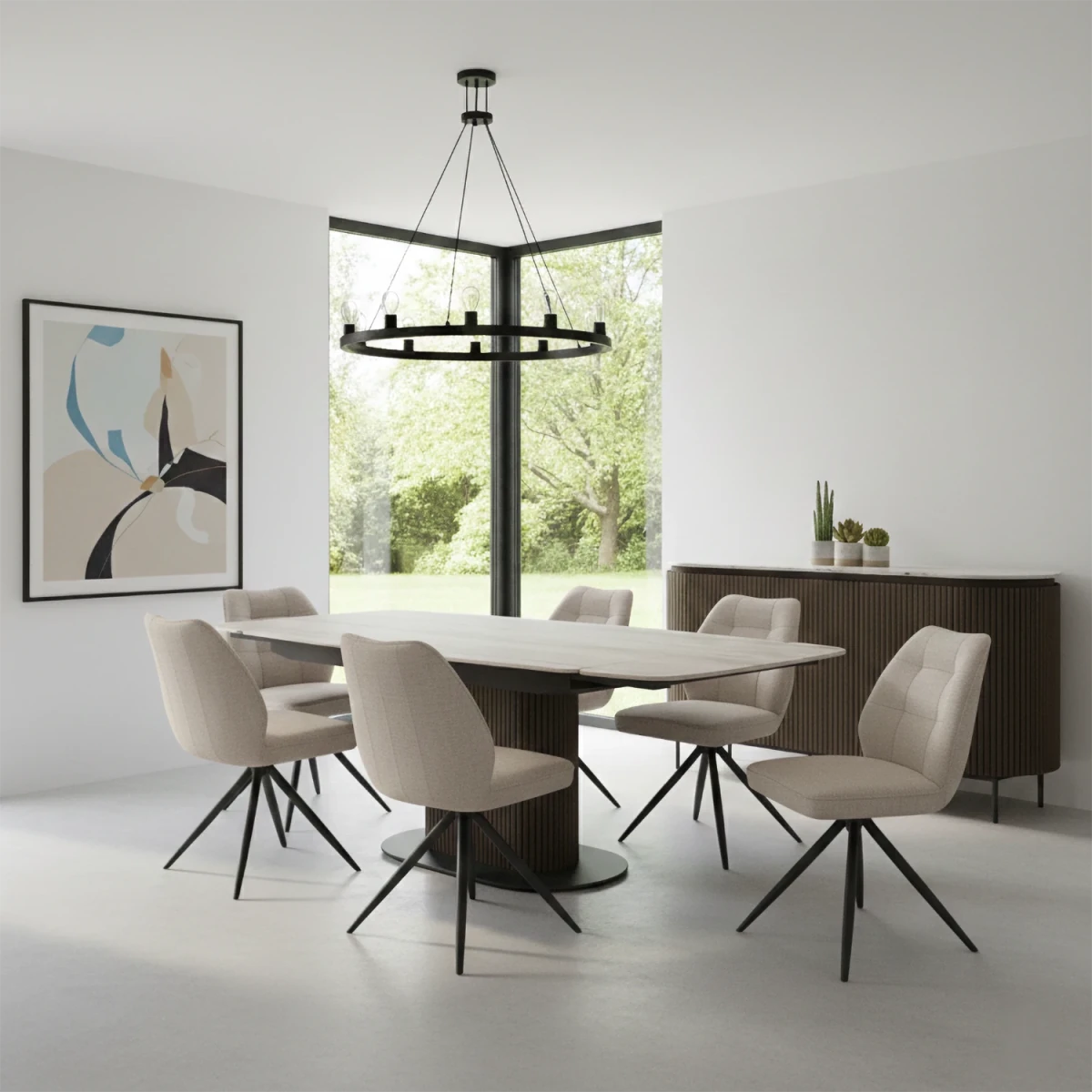 Umbria Travertine Ceramic Dining Table with Julio Ivory Swivel Dining Chairs