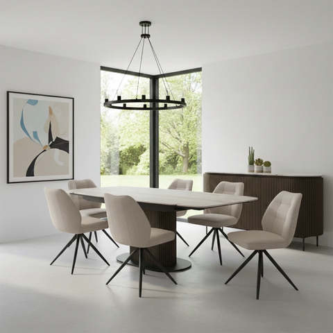 Umbria Travertine Ceramic Dining Table with Julio Ivory Swivel Dining Chairs