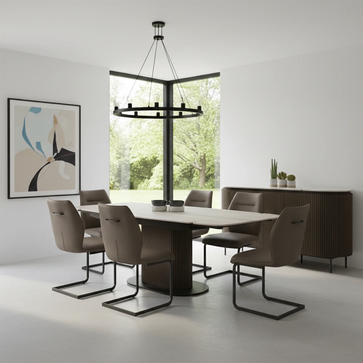 Umbria Travertine Ceramic Dining Table with Prato Taupe Dining Chairs