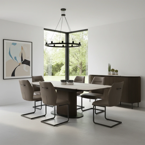 Umbria Travertine Ceramic Dining Table with Prato Taupe Dining Chairs