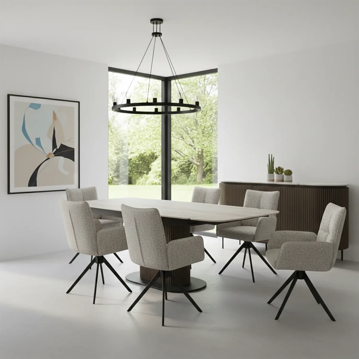 Lifestyle Image of Umbria Travertine Ceramic Dining Table with Swivel Armchairs