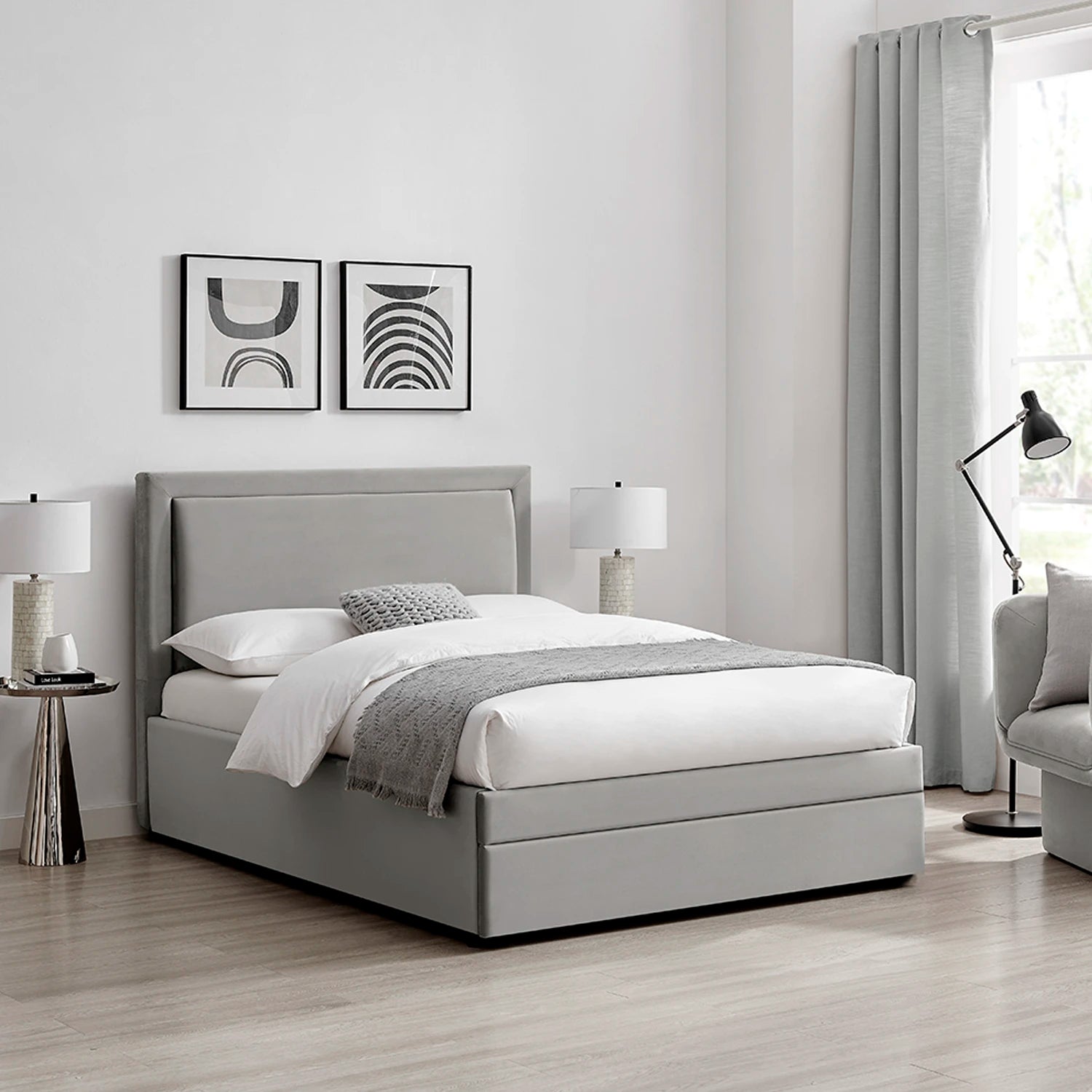 Uvara Velvet Upholstered Storage End-Drawer Bed shown in Grey Velvet. Available in Double or Kingsize 
