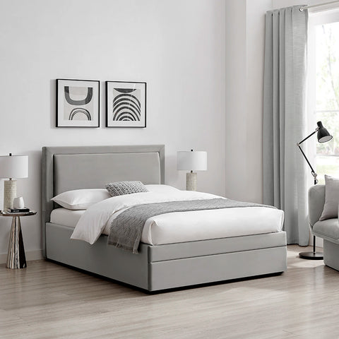 Uvara Velvet Upholstered Storage End-Drawer Bed shown in Grey Velvet. Available in Double or Kingsize 