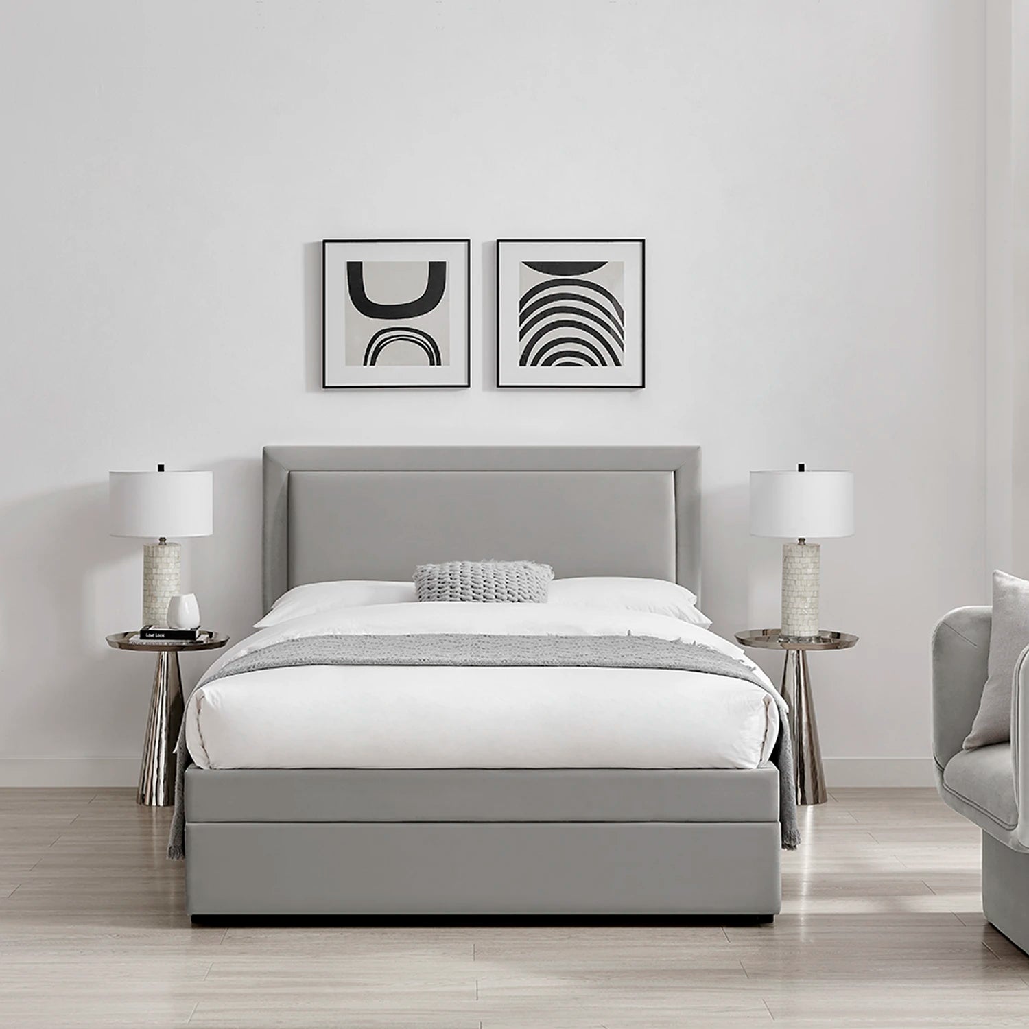 Lifestyle image of the Uvara Grey Velvet Upholstered Storage End-Drawer Bed. 
