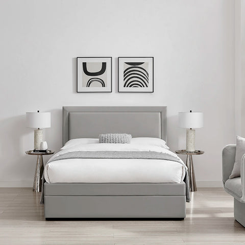 Lifestyle image of the Uvara Grey Velvet Upholstered Storage End-Drawer Bed. 

