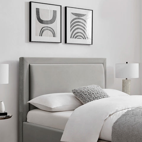 Close up of the Uvara Velvet Upholstered Storage End-Drawer Bed in Grey. Choose from Double or Kingsize