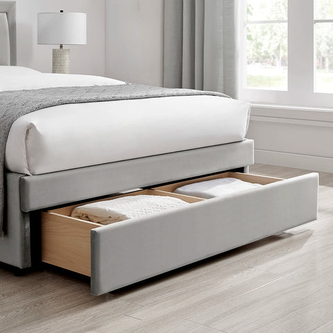 Close up of Grey Uvara Velvet Upholstered Storage End-Drawer Bed. Choose from Double or Kingsize 
