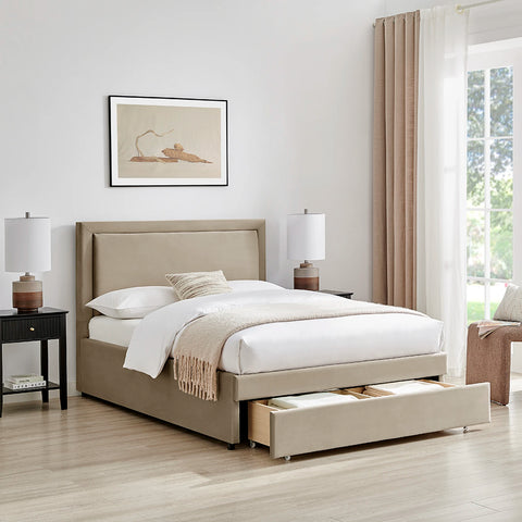 Uvara Velvet Upholstered Storage End-Drawer Bed also available in Grey. Choose from Double or Kingsize.