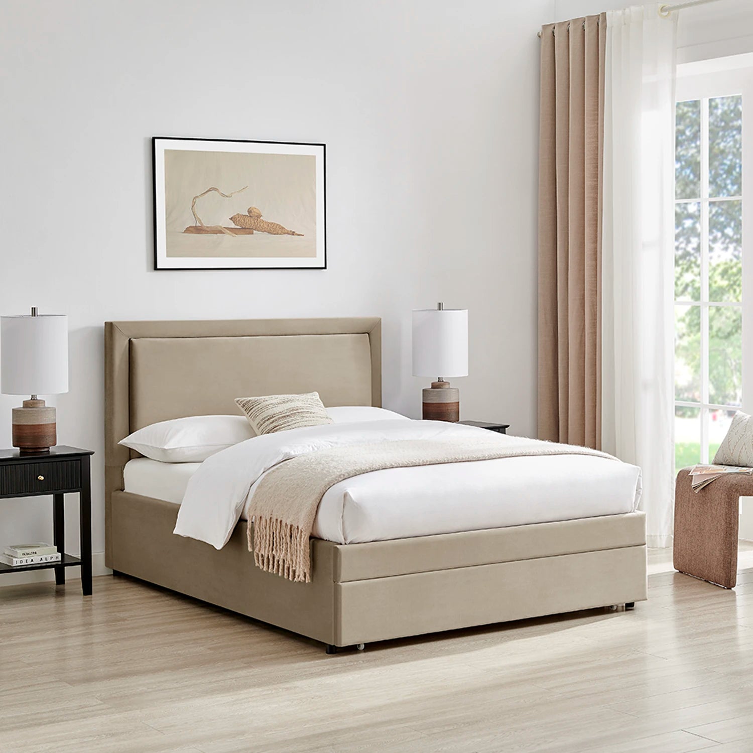 Lifestyle image of Uvara Velvet Upholstered Storage End-Drawer Bed. Available in Taupe or Grey and Double or Kingsize 