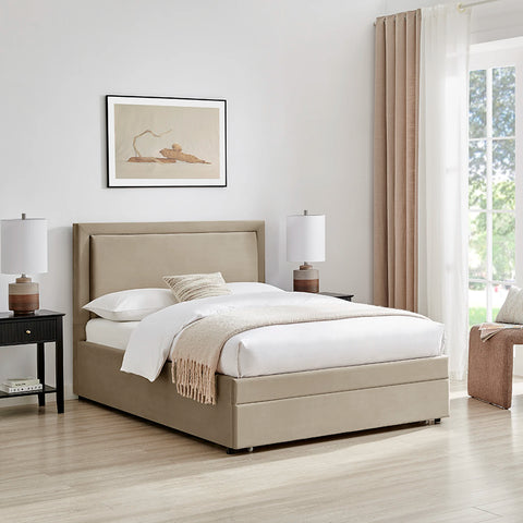Lifestyle image of Uvara Velvet Upholstered Storage End-Drawer Bed. Available in Taupe or Grey and Double or Kingsize 