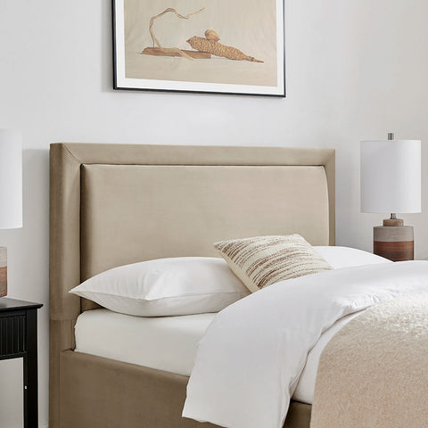 Close up of headboard on the Uvara Velvet Upholstered Storage End-Drawer Bed. available in Grey in Double or Kingsize 